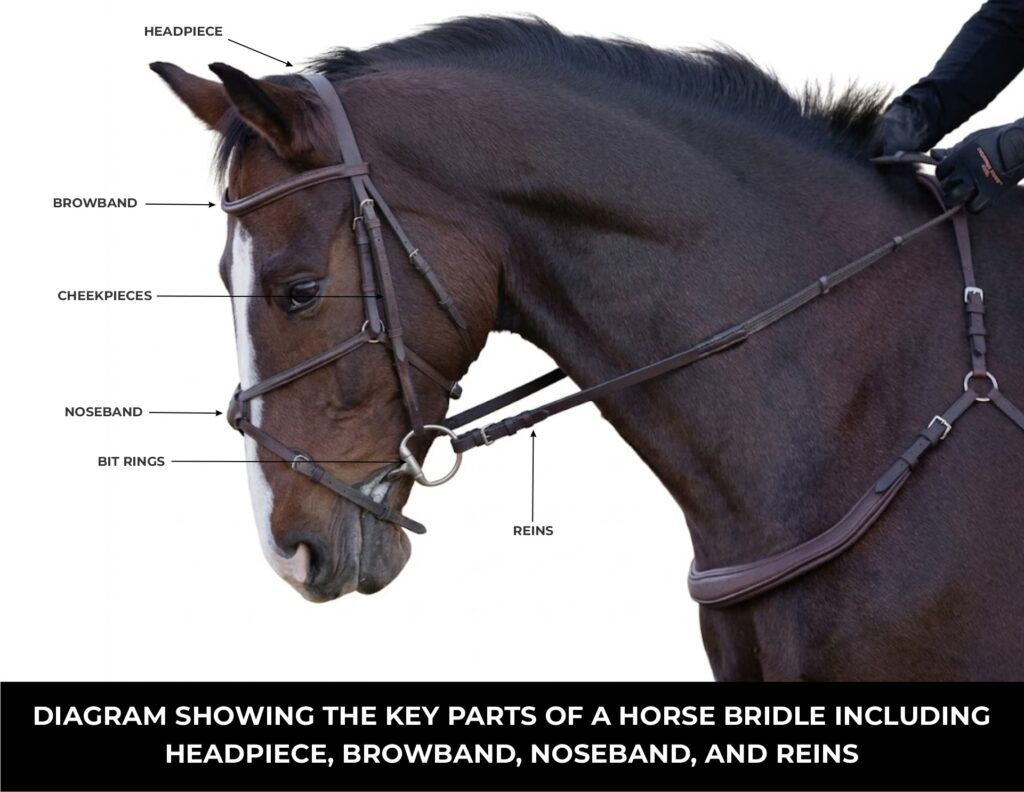 horse bridle anatomy diagram headpiece browband cheekpieces noseband reins Australia