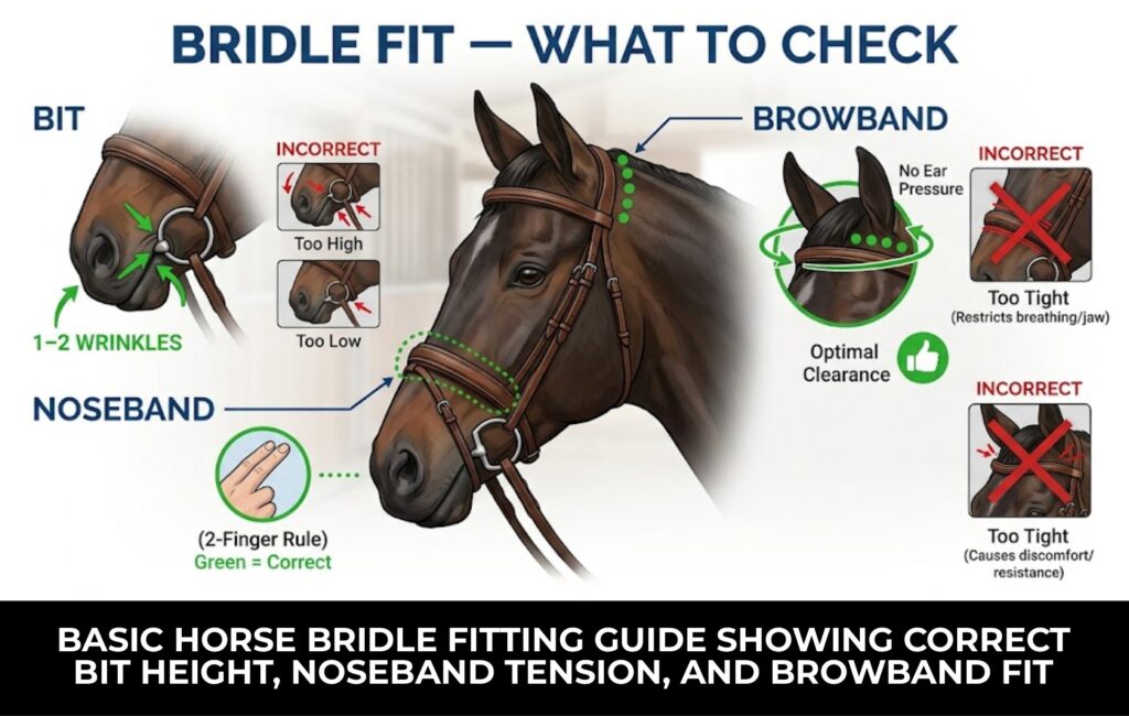 horse bridle fit guide bit height noseband browband correct fitting