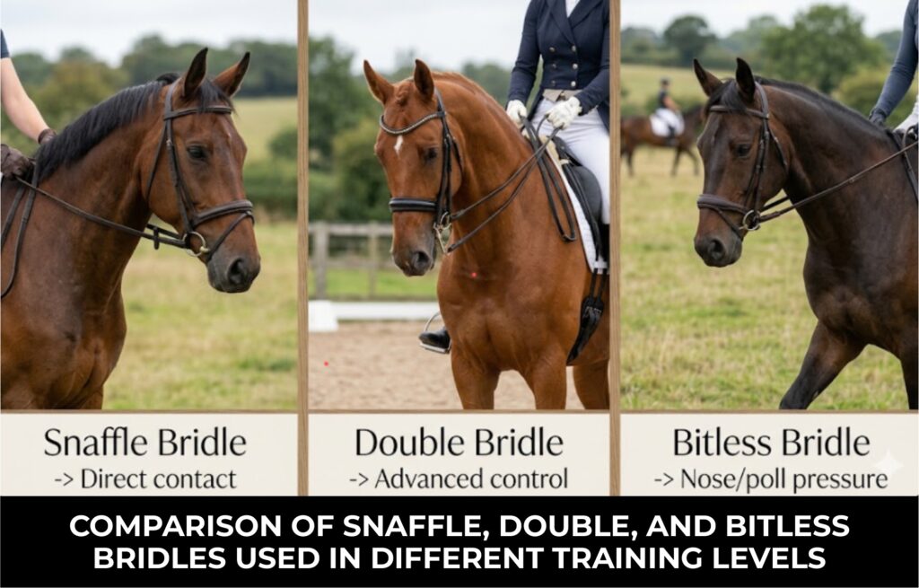 types of horse bridles Australia snaffle double bitless comparison