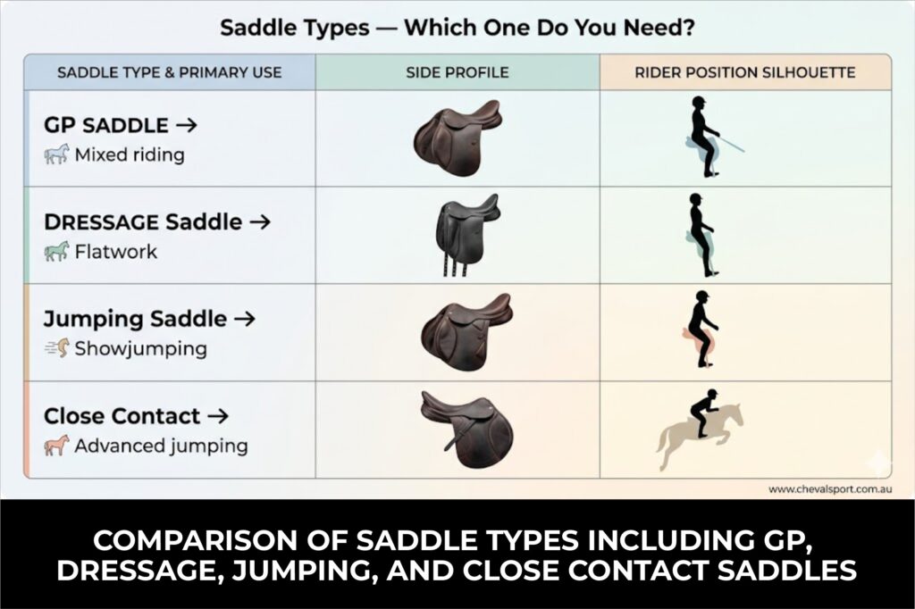 types of horse saddles Australia GP dressage jumping close contact comparison